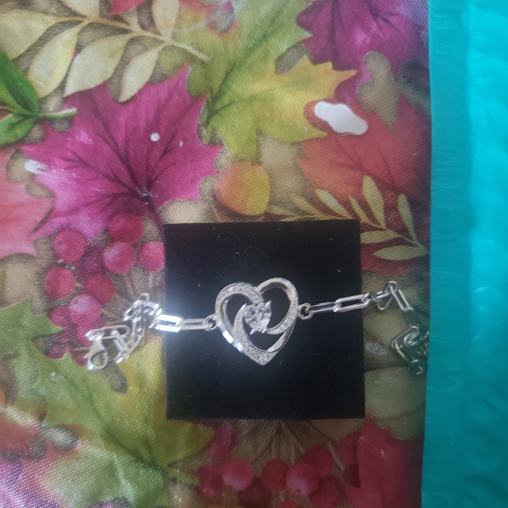 Silver Heart Link Bracelet with Crystal Accent - Women Jewelry